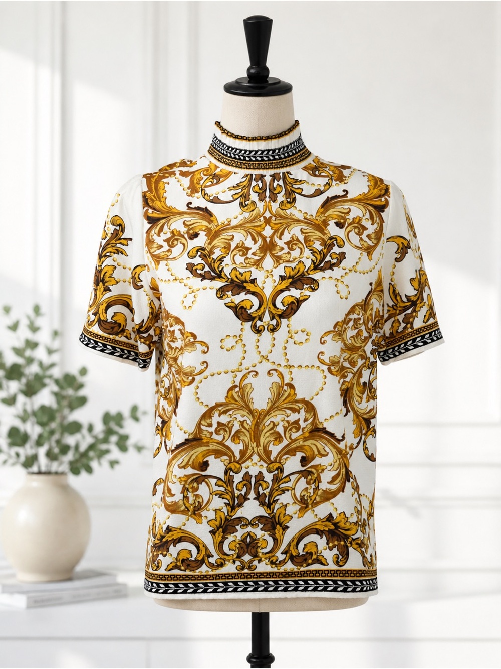 Ornate Baroque Print Short Sleeve Top - White & Gold